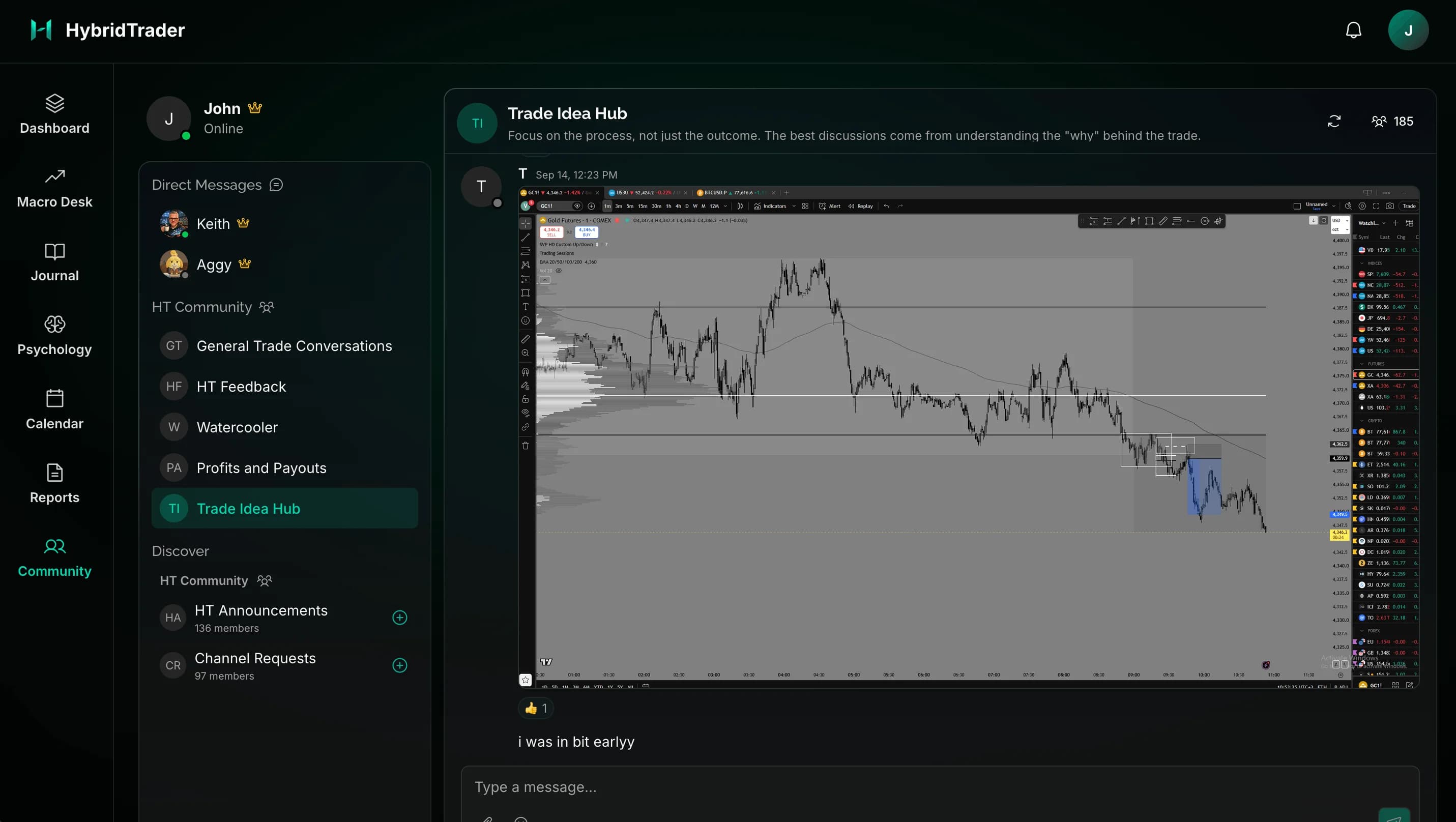 HybridTrader community channels, showing a gold futures chart shared in the Trade Idea Hub