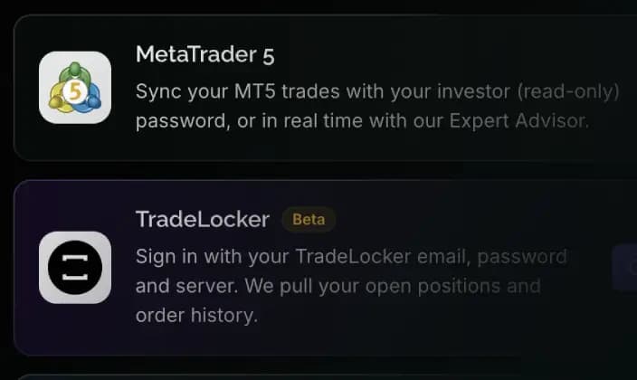 The broker connection list: a MetaTrader 5 card offering an investor-password or Expert Advisor sync, and a TradeLocker card, marked Beta, that pulls open positions and order history